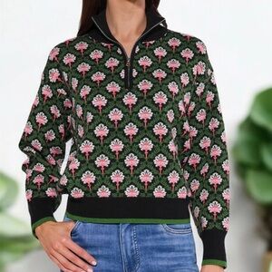 Floral Jacquard Quarter-Zip Sweater with Ribbed Trim